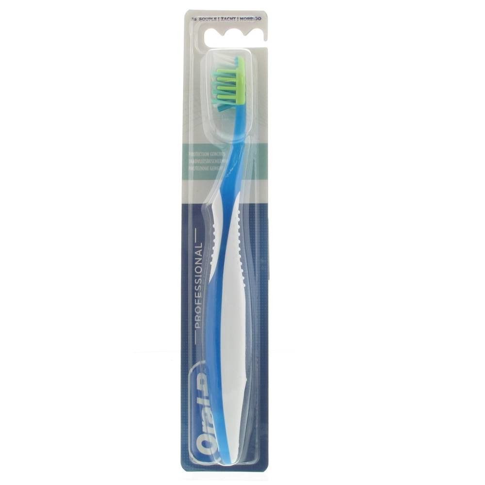 Zahnbürste in Blisterverpackung. Blauer Griff, weißer Mittelteil, grüner Bürstenkopf. Marke Oral-B Professional.