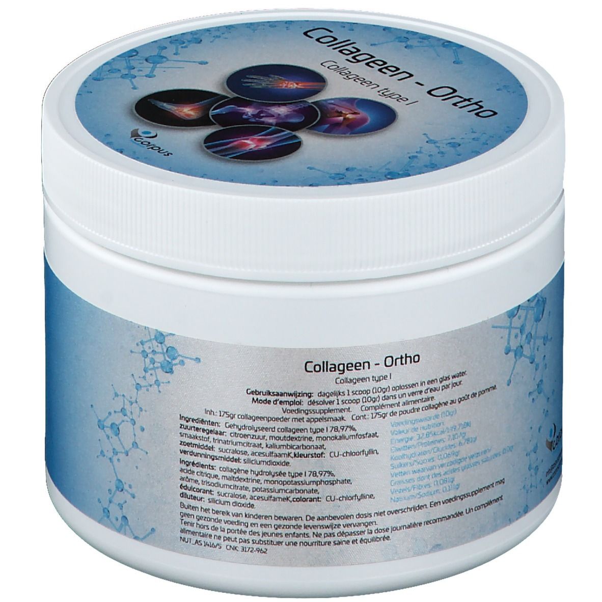 Récipient rond blanc avec couvercle bleu. Inscription: Kollageen-Ortho, Collagen type I. Texte avec ingrédients.