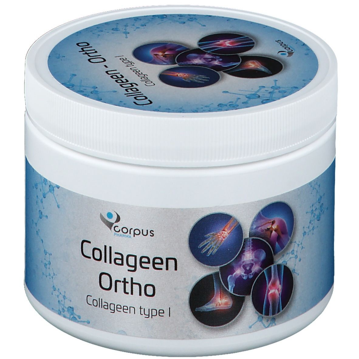 Récipient rond blanc avec couvercle bleu. Inscription: Kollageen-Ortho, Collagen type I. Illustrations d'articulations.