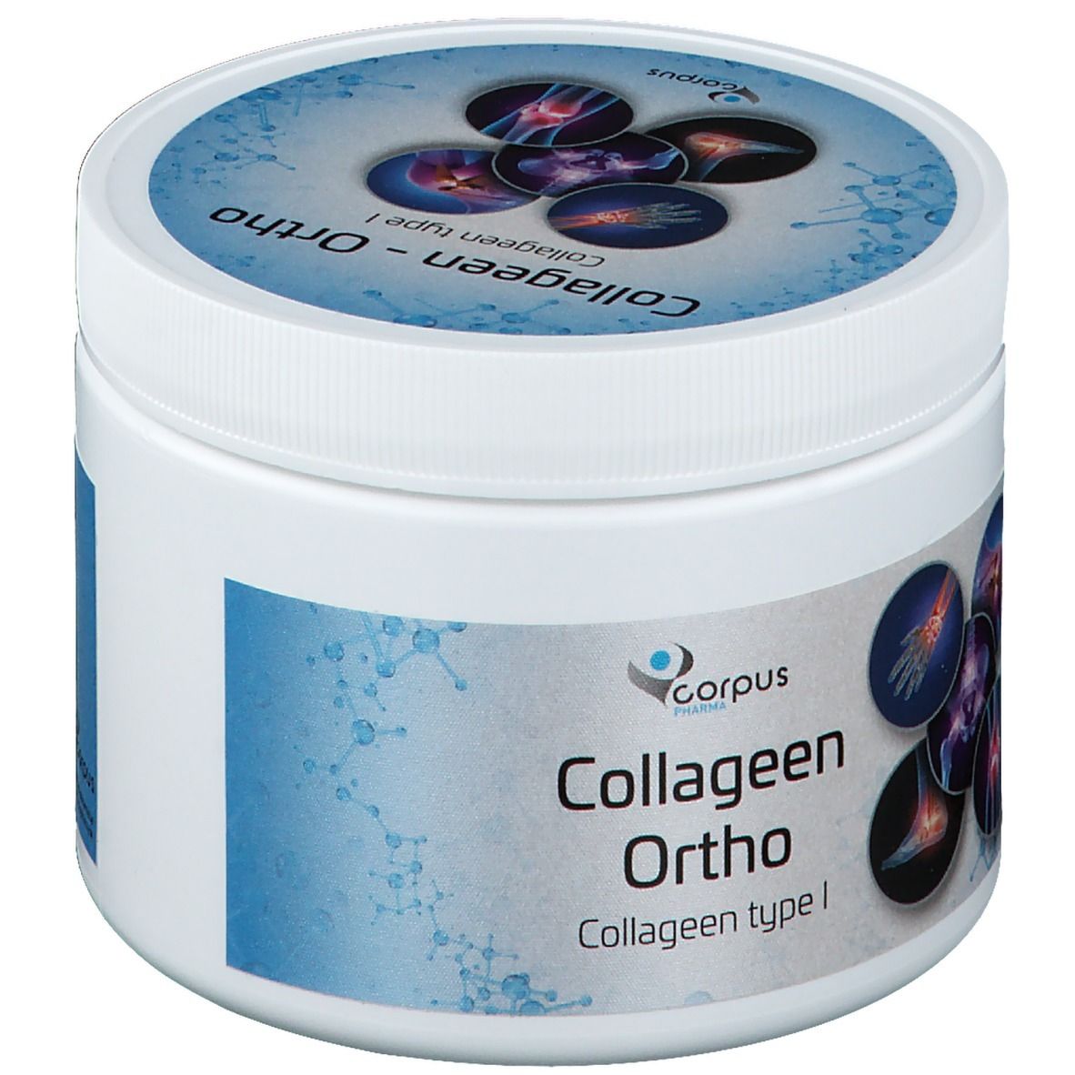 Récipient rond blanc avec couvercle bleu. Inscription: Kollageen-Ortho, Collagen type I. Illustrations d'articulations.