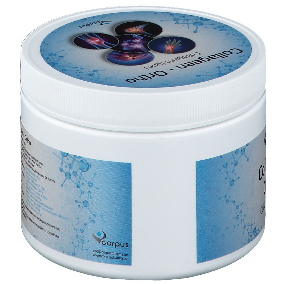 Récipient rond blanc avec couvercle bleu. Inscription: Kollageen-Ortho, Collagen type I. Texte et logo.