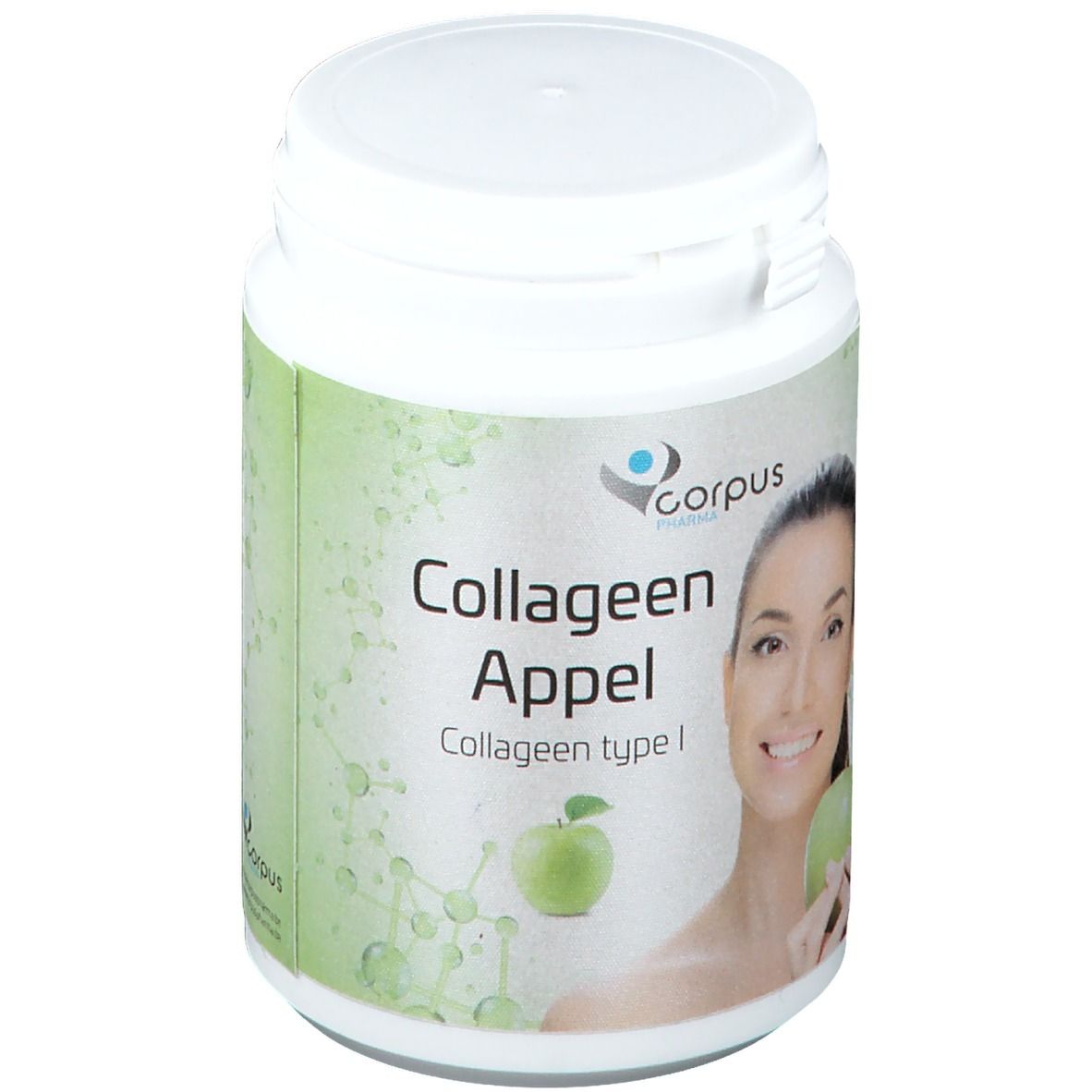 Pot blanc avec étiquette verte. Inscription: Collagene Appel, Collagene type I. Logo: Corpus Pharma. Femme avec pomme.