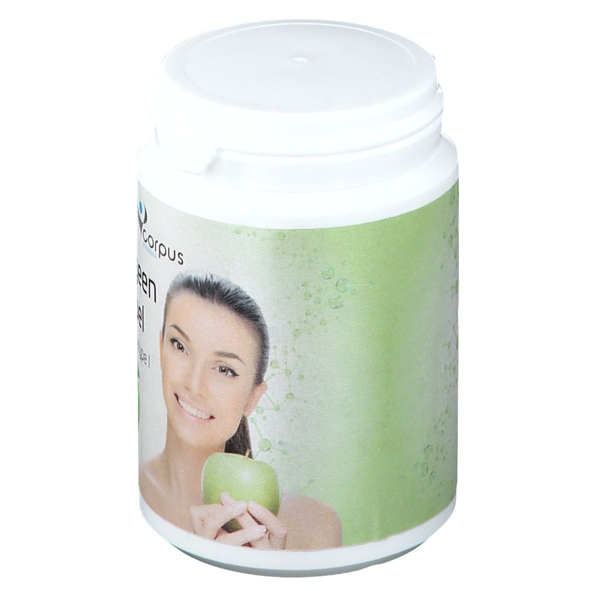 Pot blanc avec étiquette verte. Inscription: Collagene Appel. Logo: Corpus Pharma. Femme avec pomme.