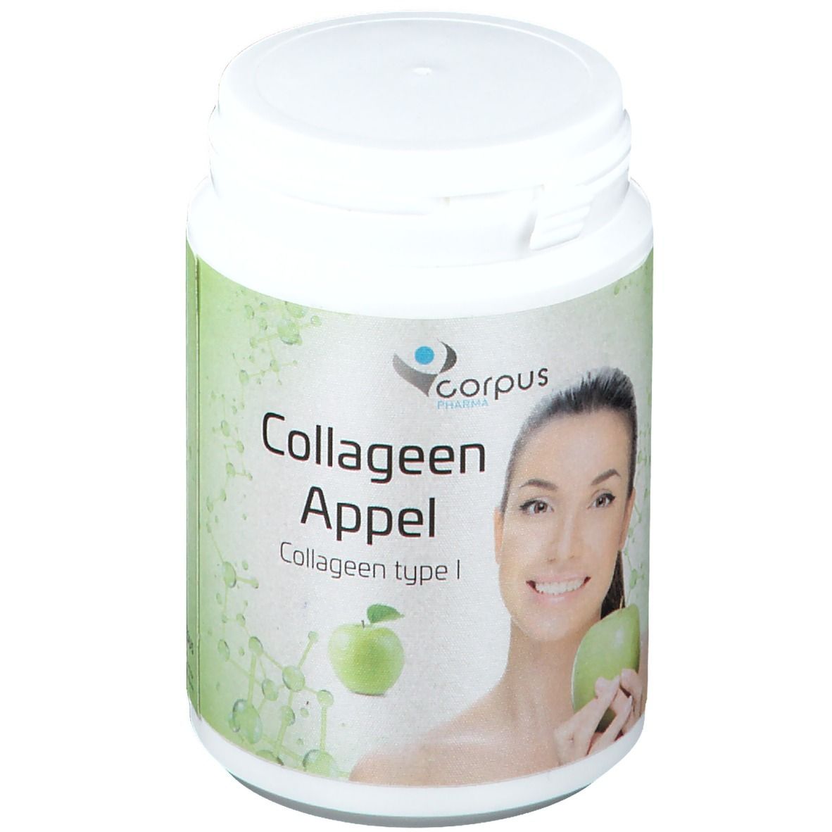 Pot blanc avec étiquette verte. Inscription: Collagene Appel, Collagene type I. Logo: Corpus Pharma. Femme avec pomme.
