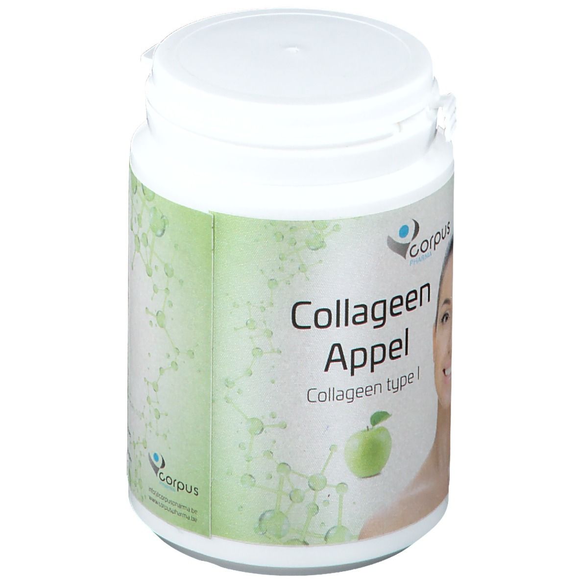 Pot blanc avec étiquette verte. Inscription: Collagene Appel, Collagene type I. Logo: Corpus Pharma. Femme avec pomme.