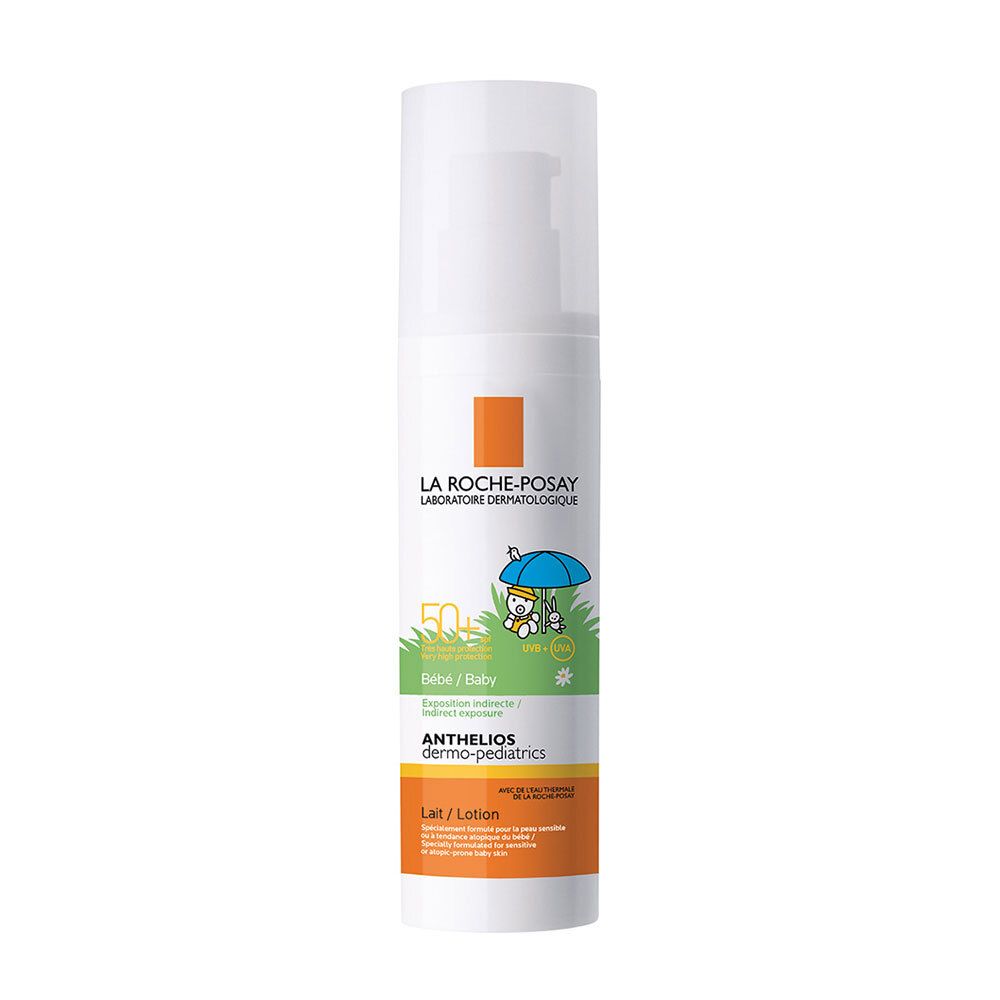 Flacon blanc avec étiquette orange. Inscription: Anthelios Dermo-Pediatrics 50+.