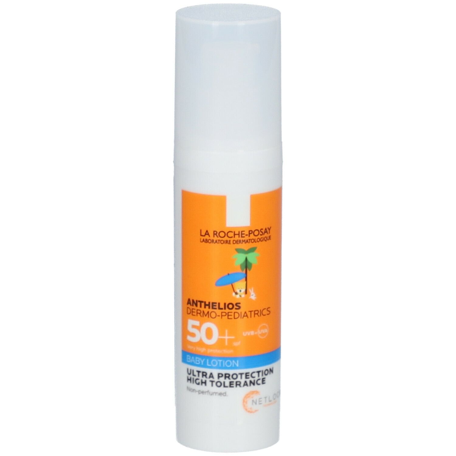 Flacon blanc avec étiquette orange. Inscription: Anthelios Dermo-Pediatrics 50+ Baby Lotion.