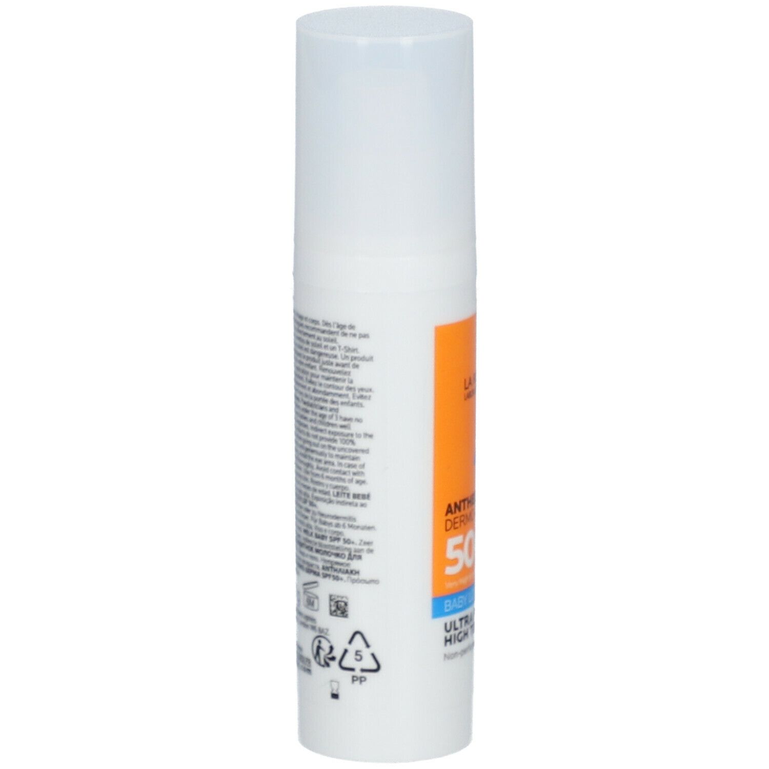 Flacon blanc avec texte au dos. Étiquette orange avec informations sur le produit.