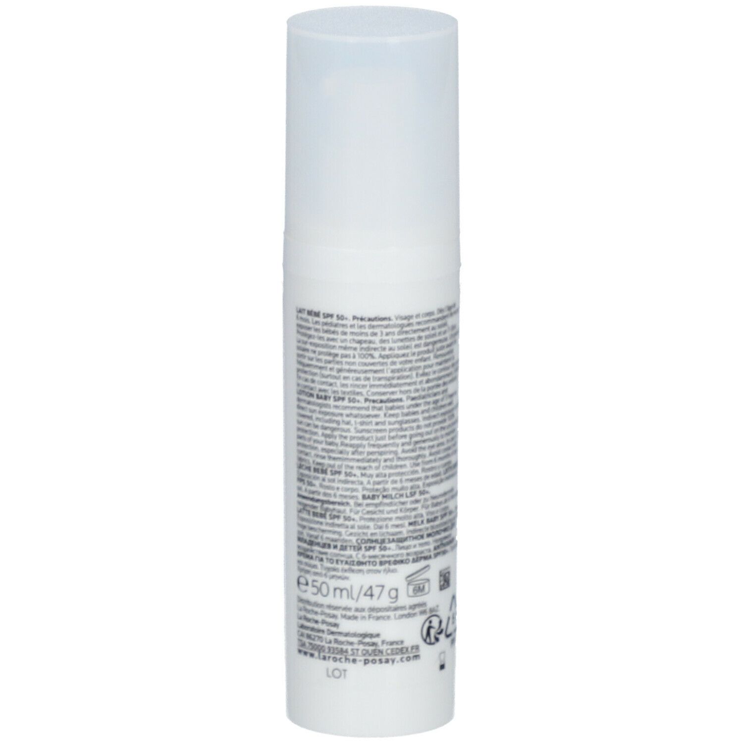 Flacon blanc avec texte. Inscription: e 50 ml/47 g. Informations sur le produit.
