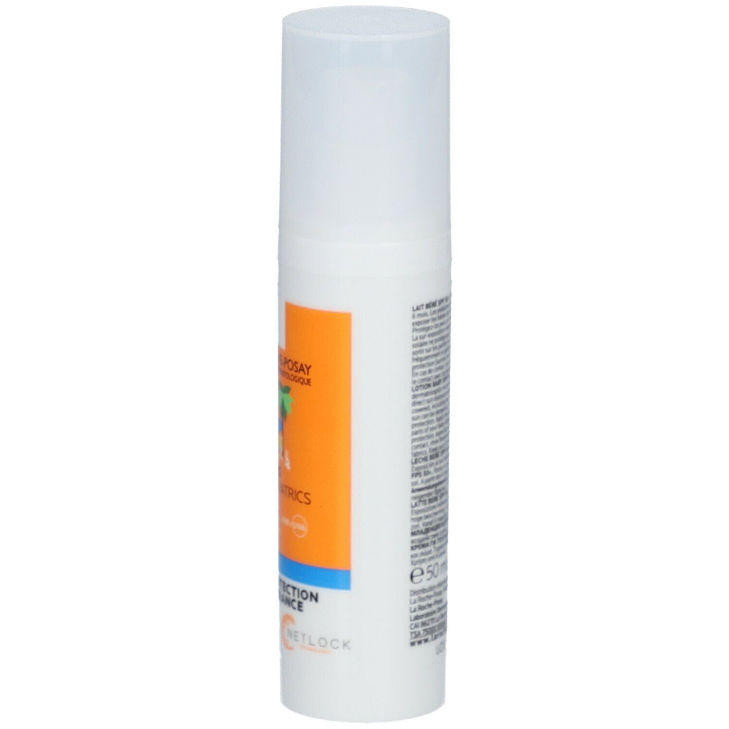 Flacon blanc avec étiquette orange. Inscription: Anthelios Dermo-Pediatrics 50+.