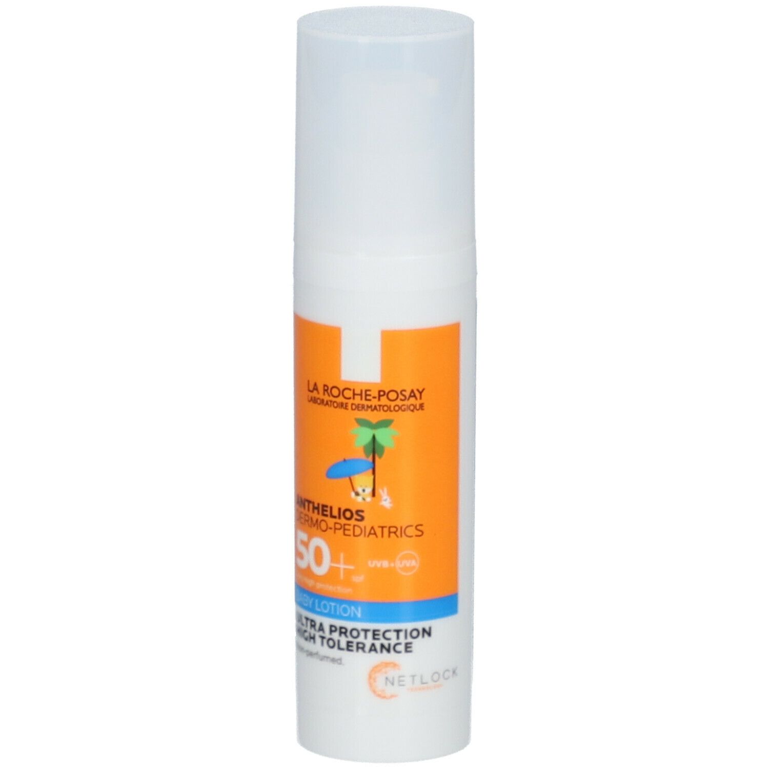 Flacon blanc avec étiquette orange. Inscription: Anthelios Dermo-Pediatrics 50+.