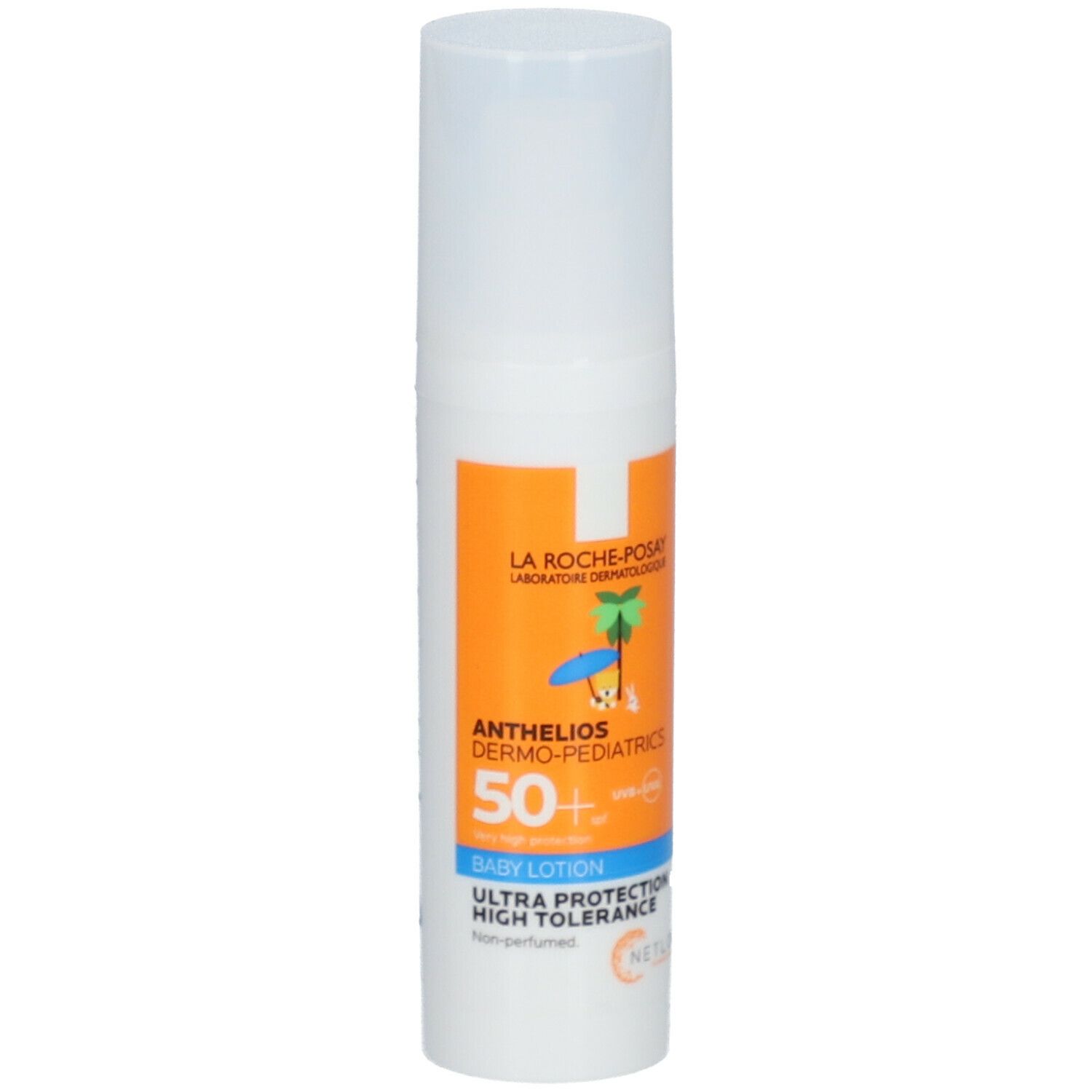 Flacon blanc avec étiquette orange. Inscription: Anthelios Dermo-Pediatrics 50+.