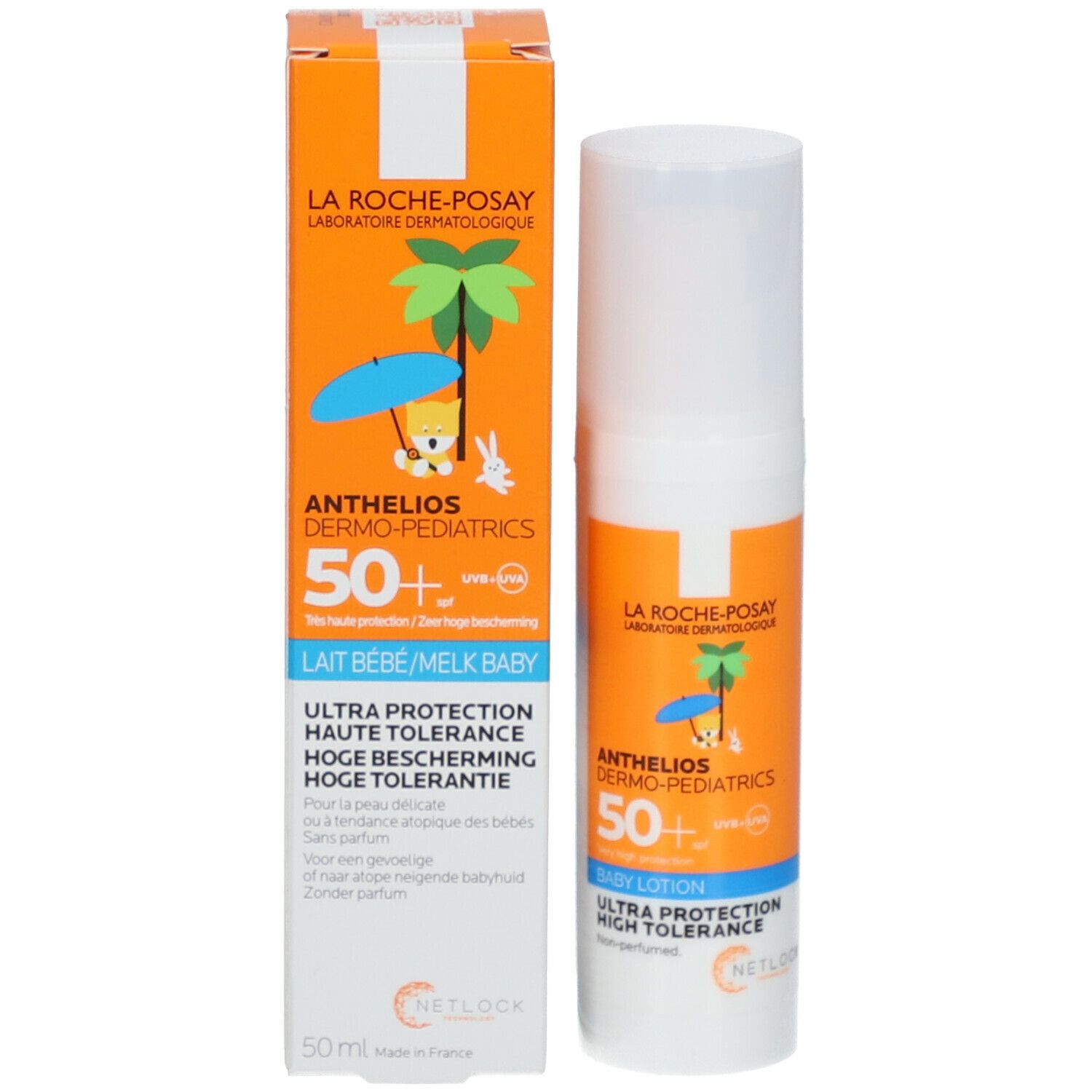 Produit et emballage. Boîte orange avec flacon. Inscription: Anthelios Dermo-Pediatrics 50+.