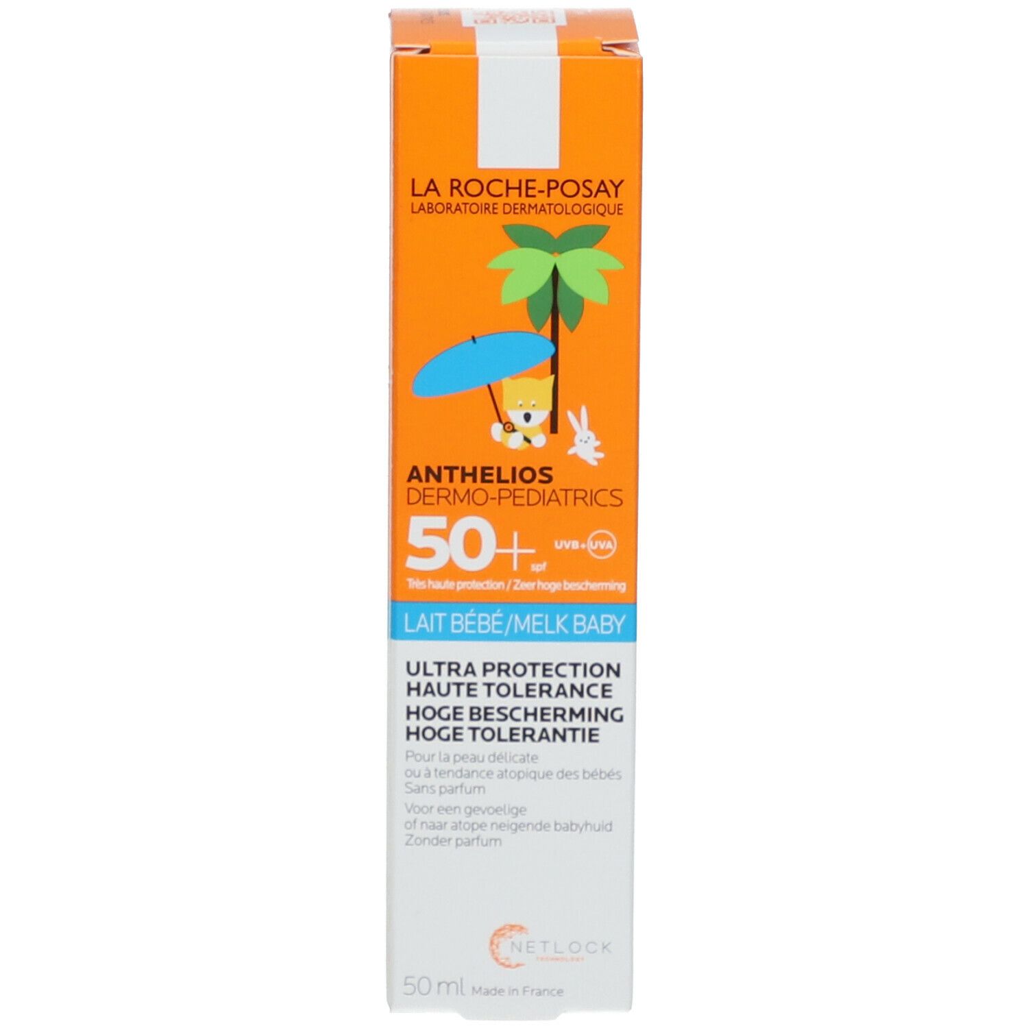 Produit et emballage. Boîte orange. Inscription: Anthelios Dermo-Pediatrics 50+.