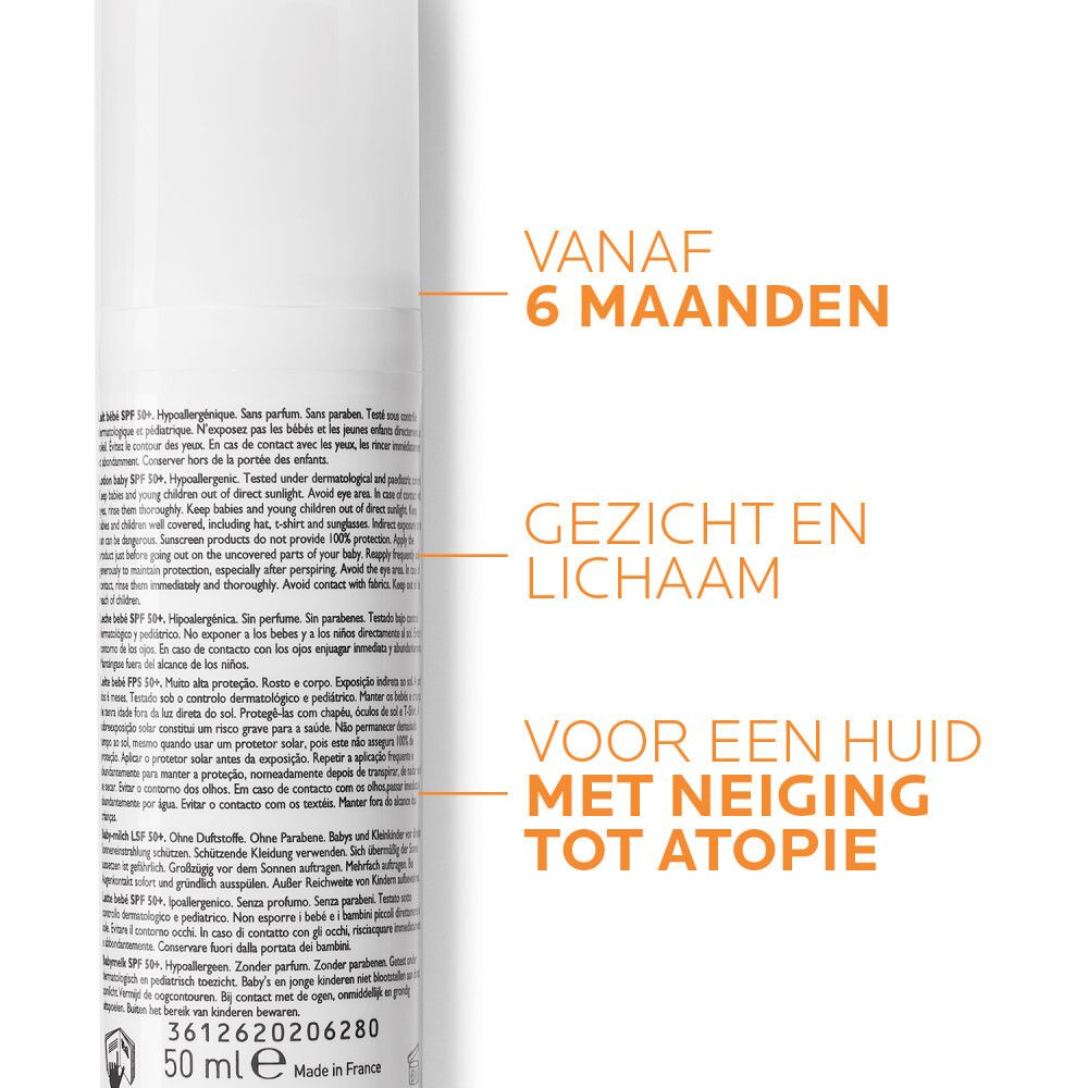 Tekst op witte achtergrond. Opschrift: Vanaf 6 maanden. Gezicht en lichaam.