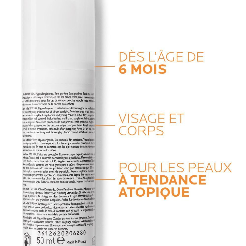 Texte sur fond blanc. Inscription: Dès l'âge de 6 mois. Visage et corps.