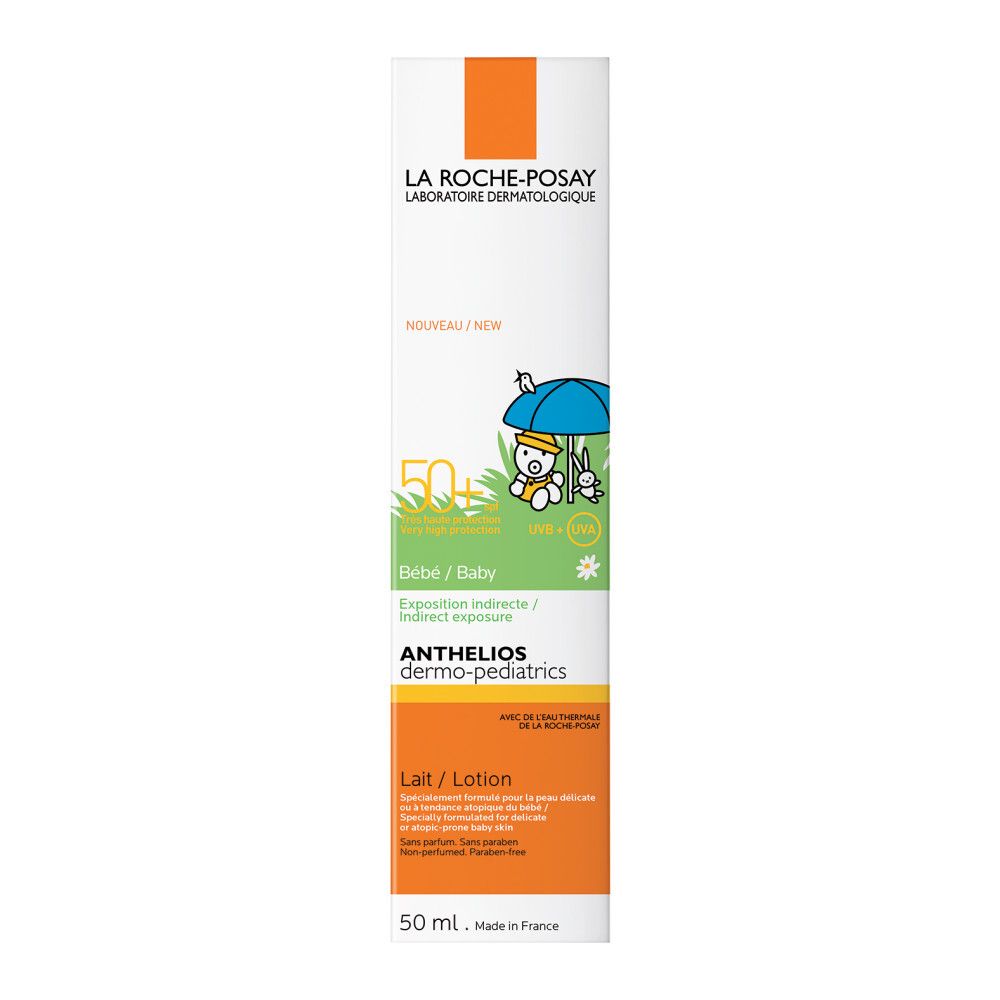 Product en verpakking. Witte fles met oranje etiket. Opschrift: Anthelios Dermo-Pediatrics 50+.