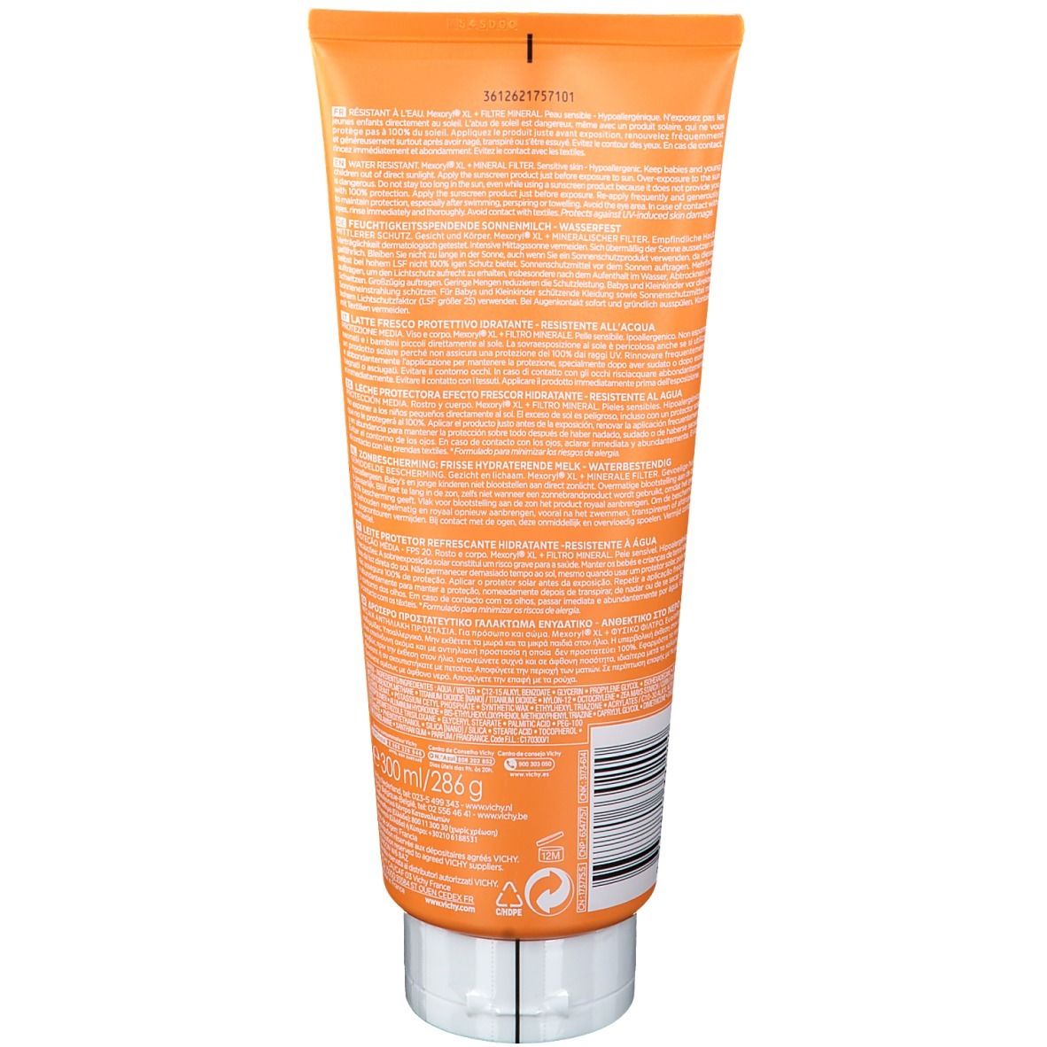Dos d'un tube orange avec bouchon argenté. Texte et code-barres. VICHY CAPITAL SOLEIL Lait Hydratant Fraicheur SPF20. 200ml/286g.
