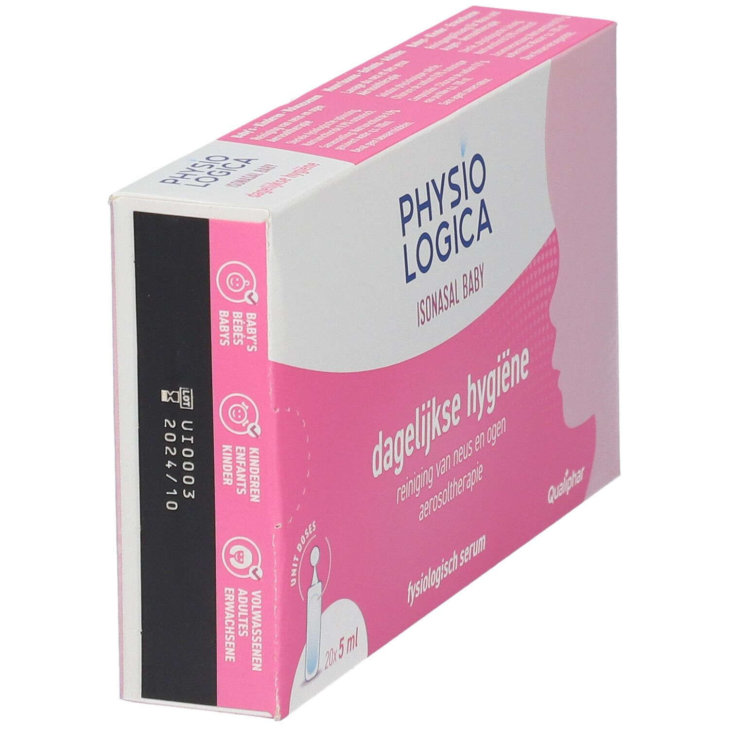 Roze en witte doos met productnaam en tekst. Bevat 20 enkelvoudige pipetten van 5 ml. Qualiphar-logo. Houdbaarheidsdatum.
