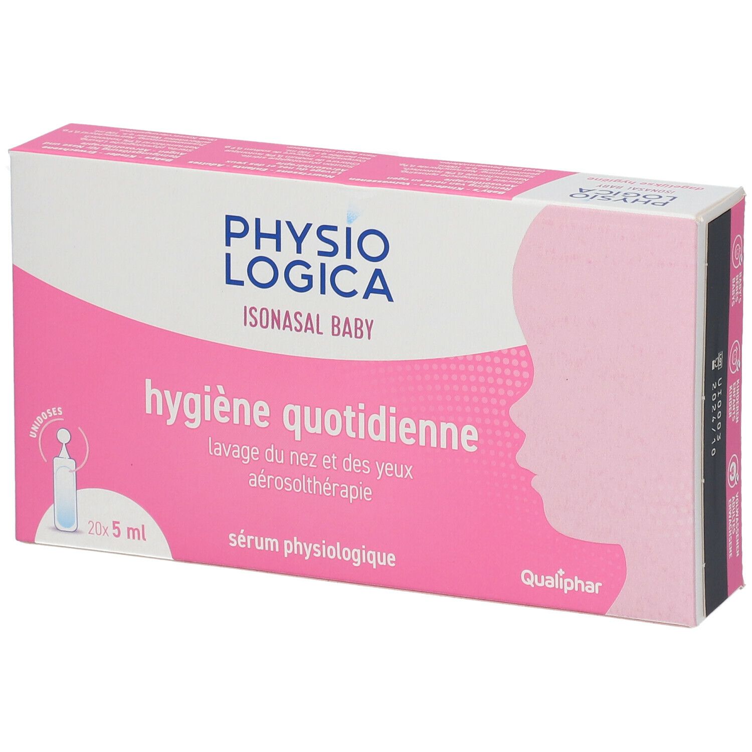 Roze en witte doos met productnaam en tekst. Bevat 20 enkelvoudige pipetten van 5 ml. Qualiphar-logo.