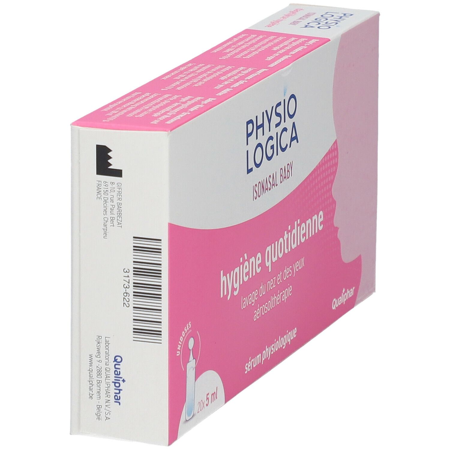 Roze en witte doos met productnaam en tekst. Bevat 20 enkelvoudige pipetten van 5 ml. Qualiphar-logo. Fabrikantenadres.