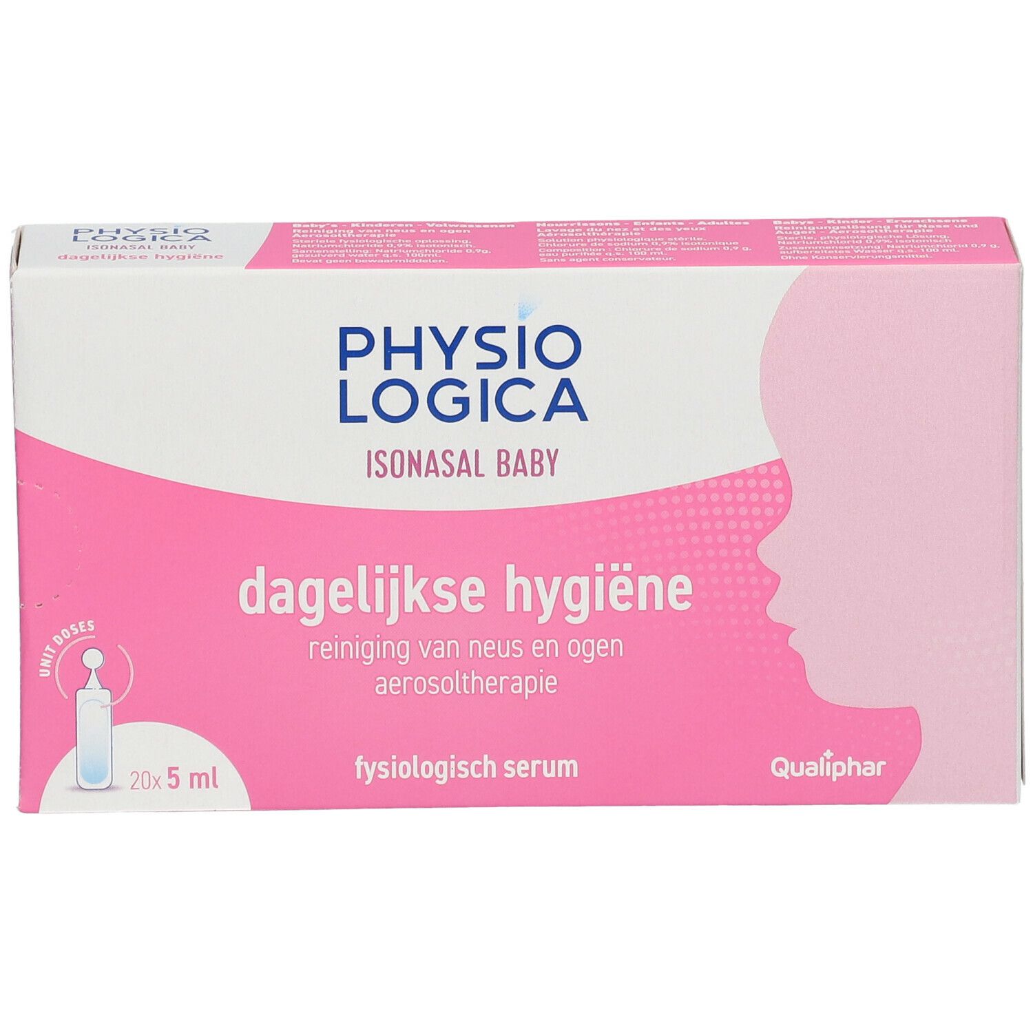 Roze en witte doos met productnaam en tekst. Bevat 20 enkelvoudige pipetten van 5 ml. Qualiphar-logo.