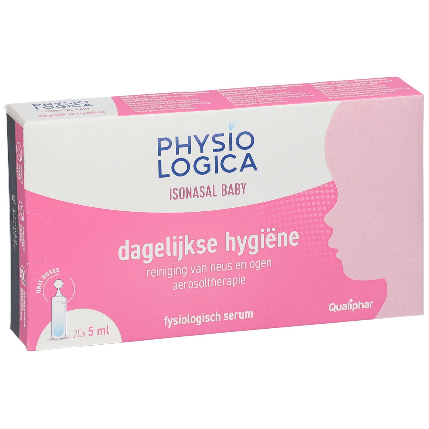 Roze en witte doos met productnaam en tekst. Bevat 20 enkelvoudige pipetten van 5 ml. Qualiphar-logo.