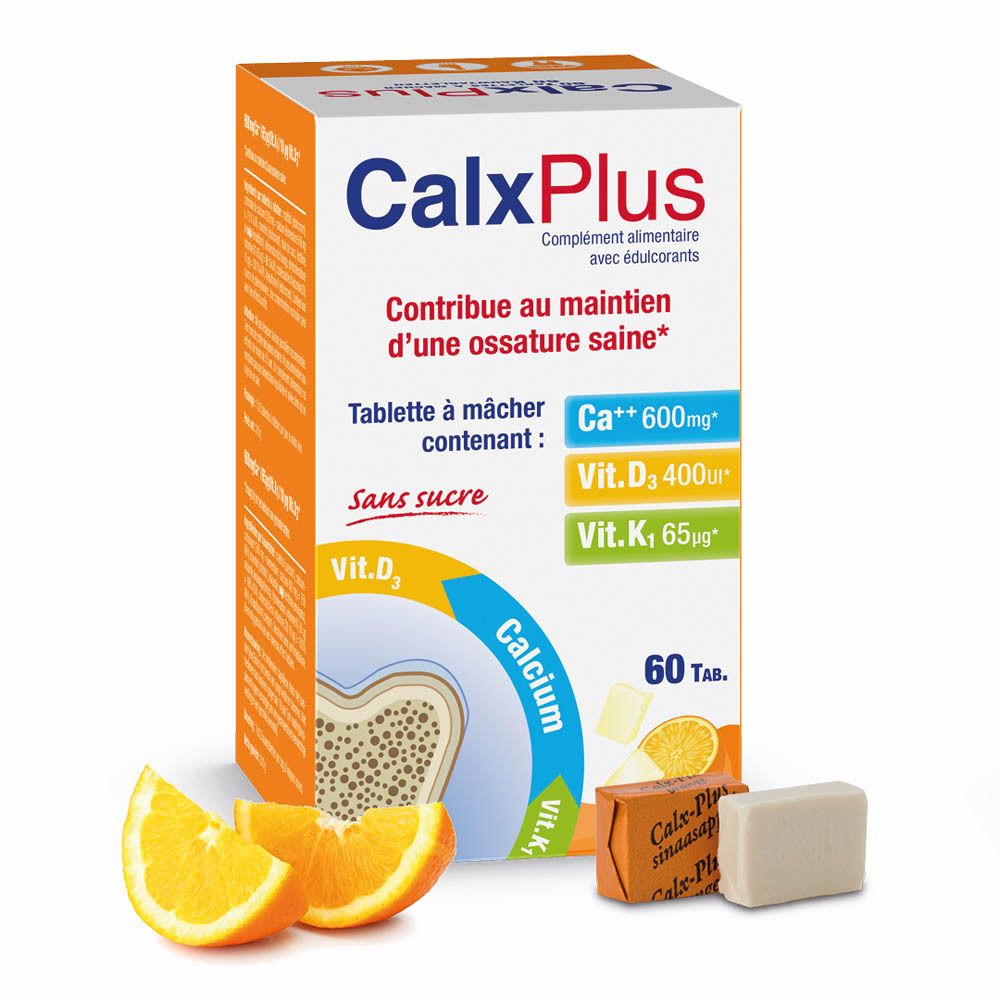 Boîte CalxPlus avec 60 comprimés. Contient calcium, vitamine D3 et K1. Sans sucre. Avec morceaux d'orange.