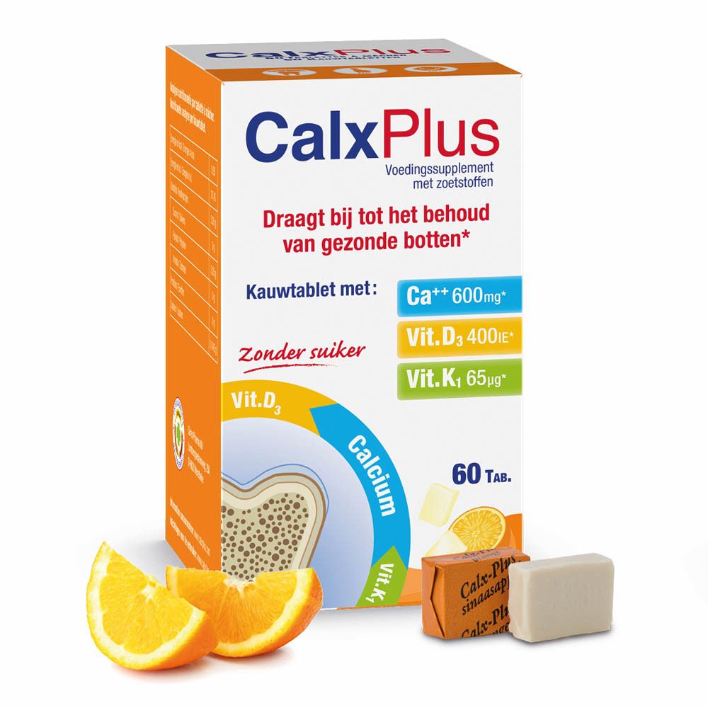 CalxPlus-verpakking met 60 tabletten. Bevat calcium, vitamine D3 en K1. Zonder suiker. Met sinaasappelstukjes.