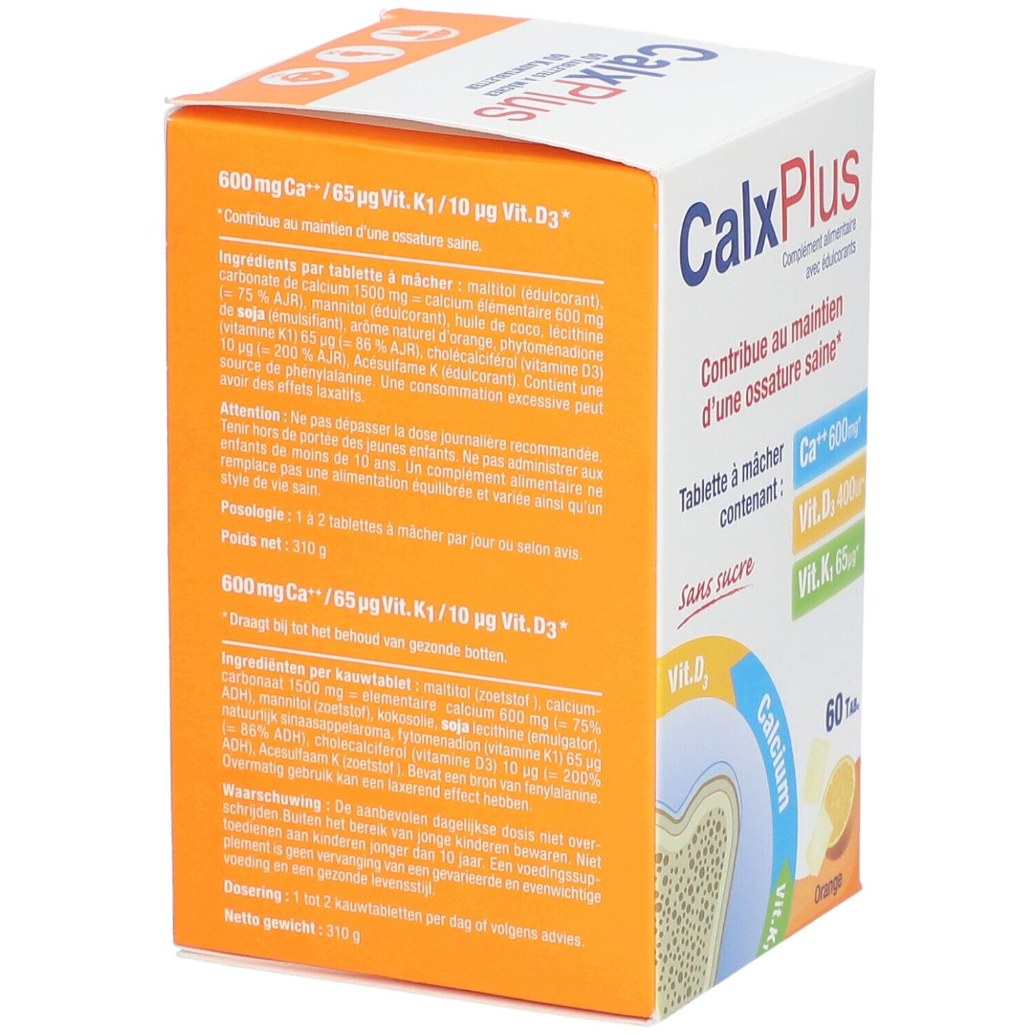 Achterkant van de CalxPlus-verpakking. Info over ingrediënten en voedingswaarde. 60 tabletten.
