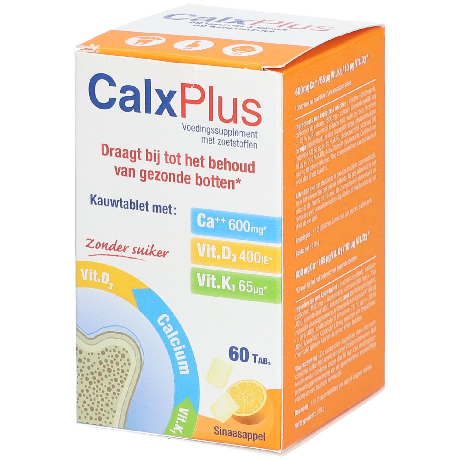 CalxPlus-verpakking met 60 tabletten. Bevat calcium, vitamine D3 en K1. Zonder suiker. Sinaasappelsmaak.