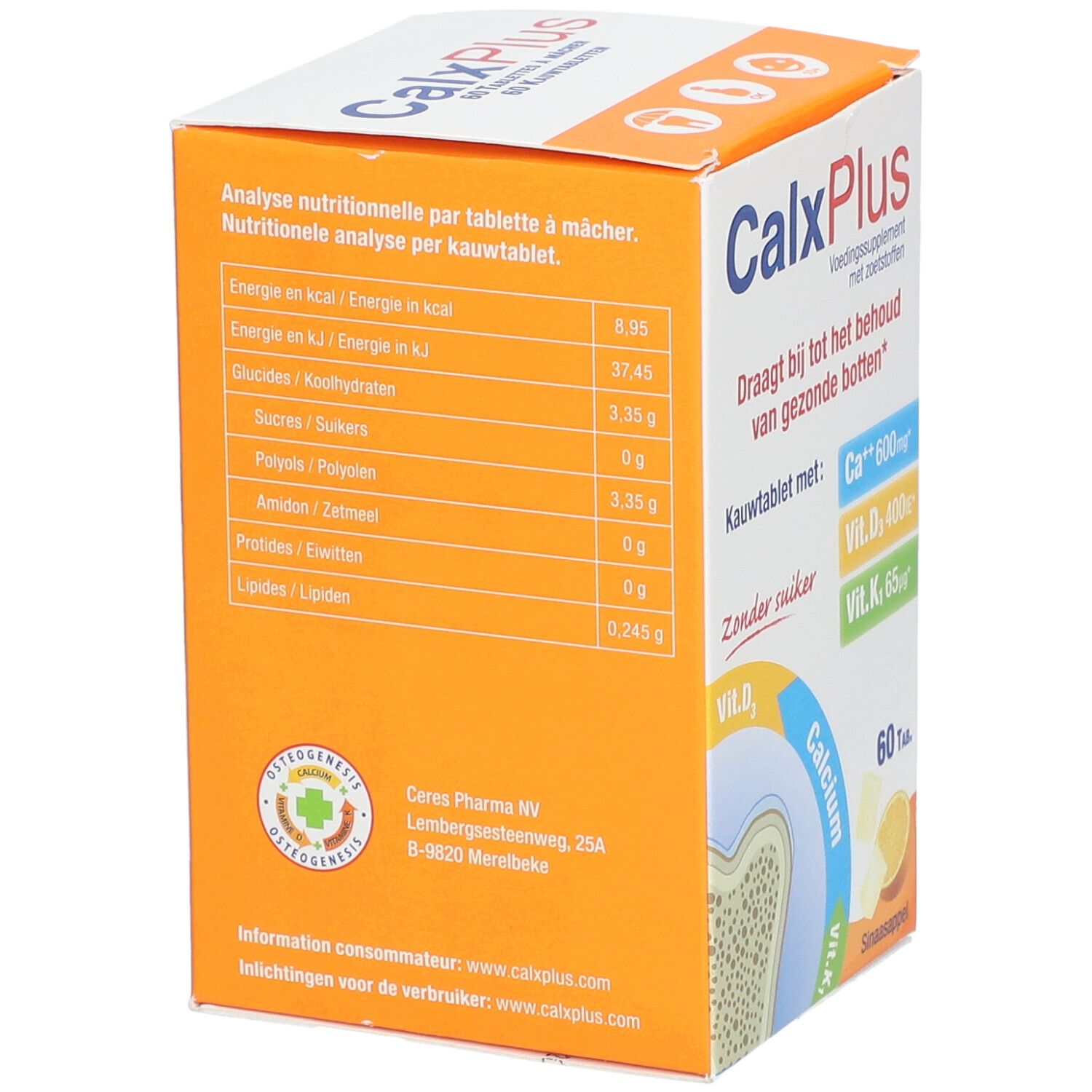 Achterkant CalxPlus-verpakking. Voedingsanalyse per tablet. Info over energie en voedingsstoffen.