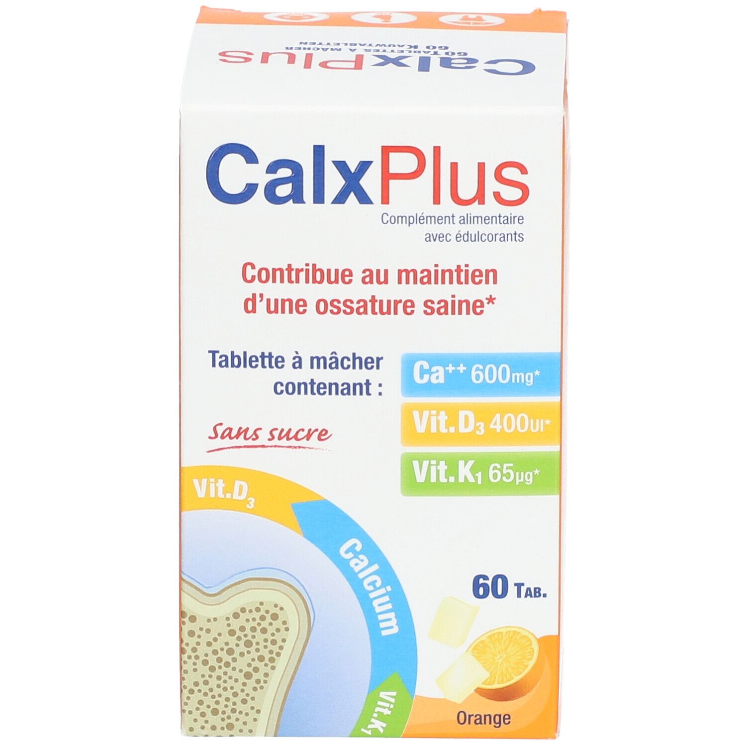 CalxPlus-verpakking met 60 tabletten. Bevat calcium, vitamine D3 en K1. Zonder suiker. Sinaasappelsmaak.