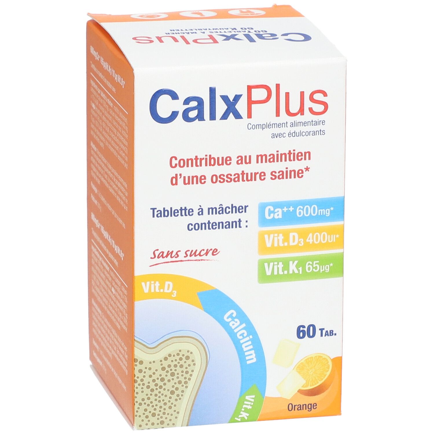 CalxPlus-verpakking met 60 tabletten. Bevat calcium, vitamine D3 en K1. Zonder suiker. Sinaasappelsmaak.