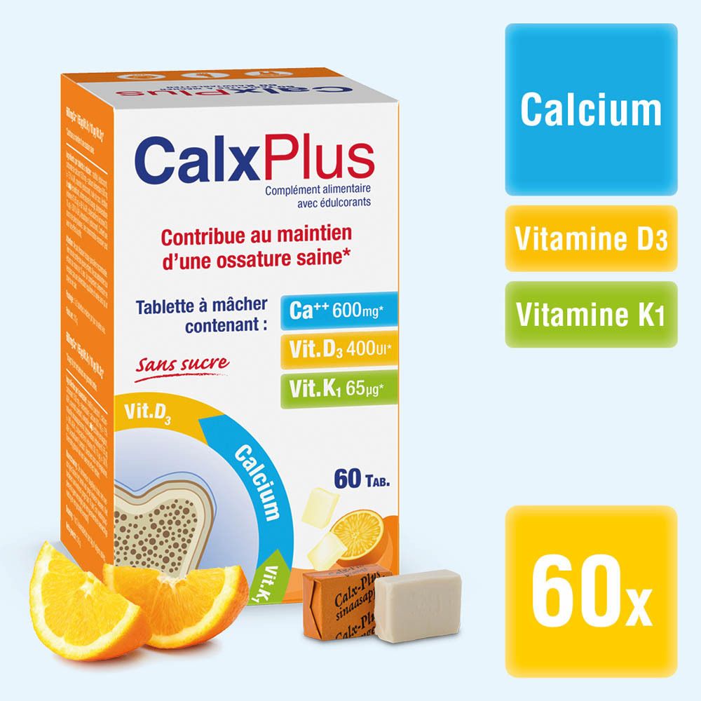 Boîte CalxPlus avec 60 comprimés. Contient calcium, vitamine D3 et K1. Sans sucre. Avec morceaux d'orange.