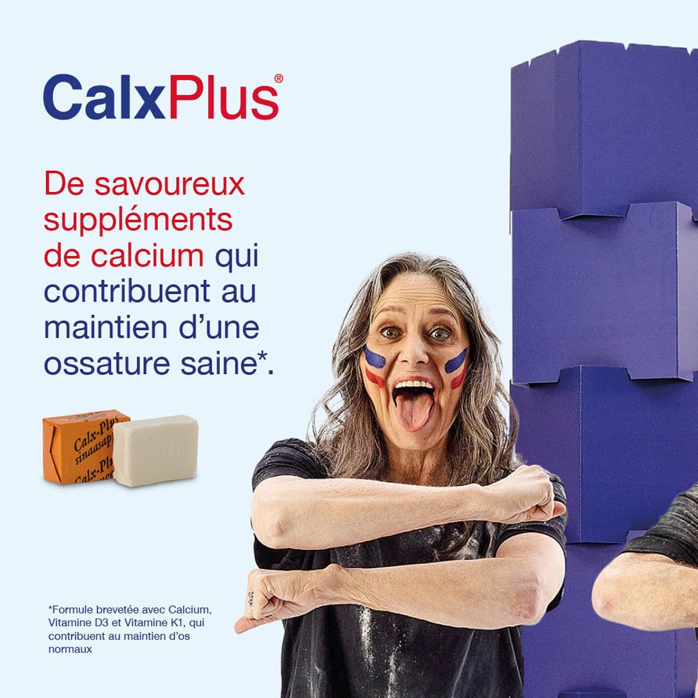 Boîte CalxPlus avec 60 comprimés. Contient calcium, vitamine D3 et K1. Sans sucre. Avec morceaux d'orange.