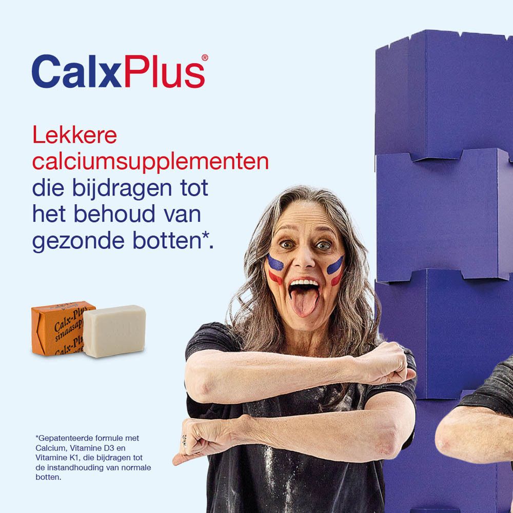 CalxPlus-verpakking met 60 tabletten. Bevat calcium, vitamine D3 en K1. Zonder suiker. Met sinaasappelstukjes.