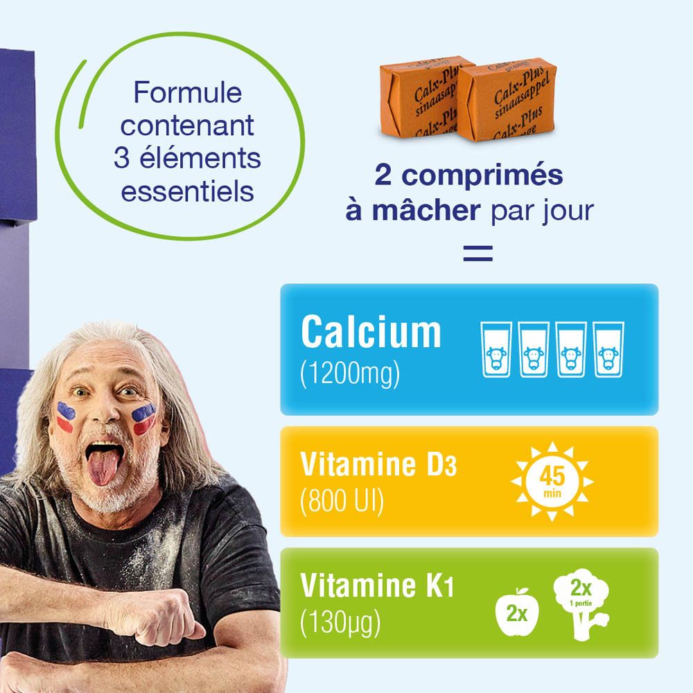 Boîte CalxPlus avec 60 comprimés. Contient calcium, vitamine D3 et K1. Sans sucre. Avec morceaux d'orange.