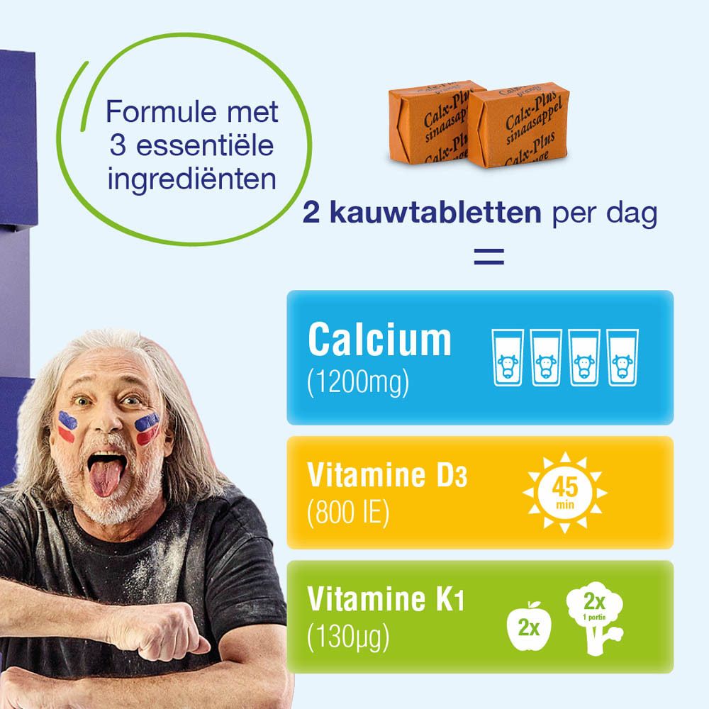 CalxPlus-verpakking met 60 tabletten. Bevat calcium, vitamine D3 en K1. Zonder suiker. Met sinaasappelstukjes.