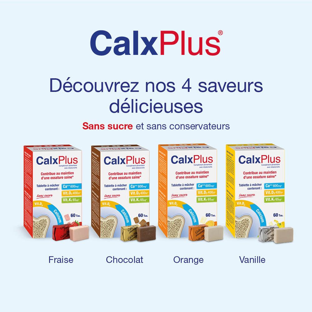 Boîte CalxPlus avec 60 comprimés. Contient calcium, vitamine D3 et K1. Sans sucre. Avec morceaux d'orange.