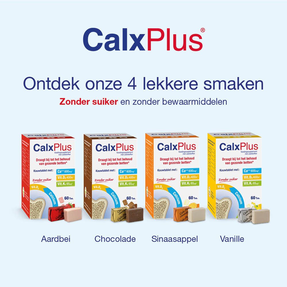 CalxPlus-verpakking met 60 tabletten. Bevat calcium, vitamine D3 en K1. Zonder suiker. Met sinaasappelstukjes.