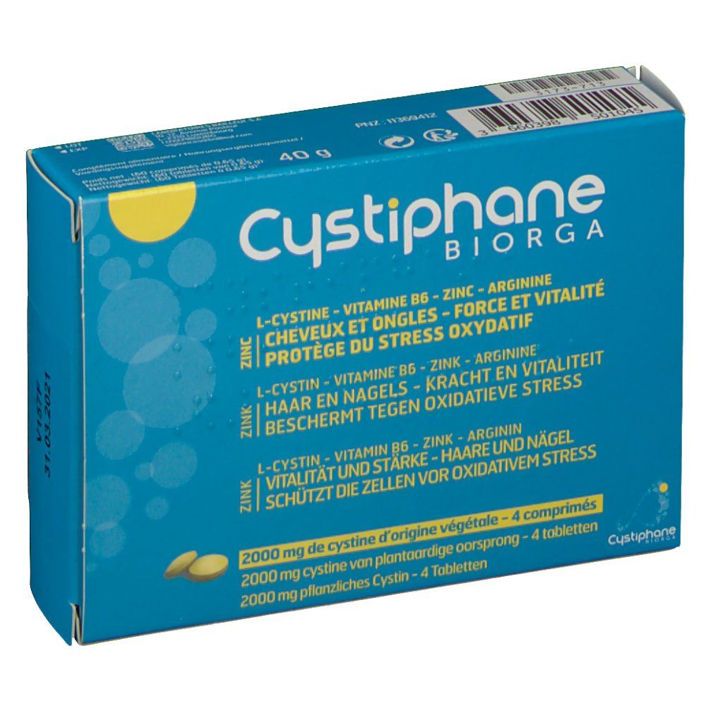 Boîte bleu et jaune Cystiphane Biorga. Contient des comprimés. Texte: L-cystine, vitamine B6, zinc, arginine. Protège du stress oxydatif.