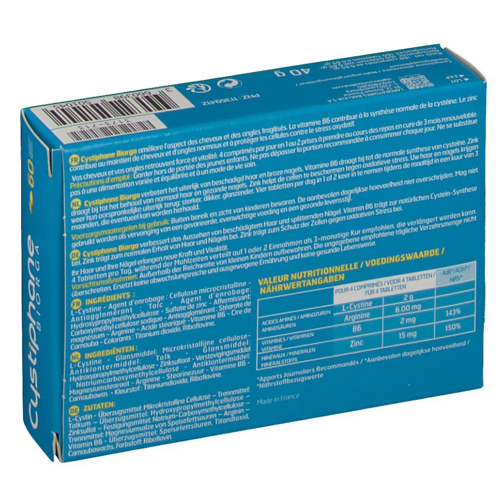 Dos de la boîte bleue Cystiphane Biorga. Texte: Informations nutritionnelles, ingrédients. Contient 4 comprimés. Marque: Cystiphane.