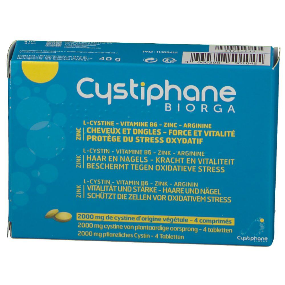 Boîte bleue Cystiphane Biorga. Contient des comprimés. Texte: L-cystine, vitamine B6, zinc, arginine. Protège du stress oxydatif. Marque: Cystiphane.