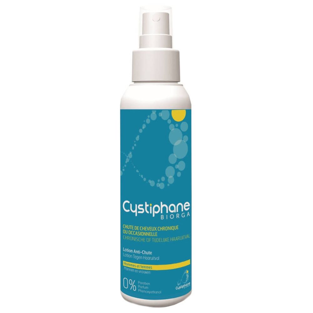 Flacon blanc avec vaporisateur. Inscription Cystiphane Biorga, Lotion Anti-chute. Accents bleus et jaunes.