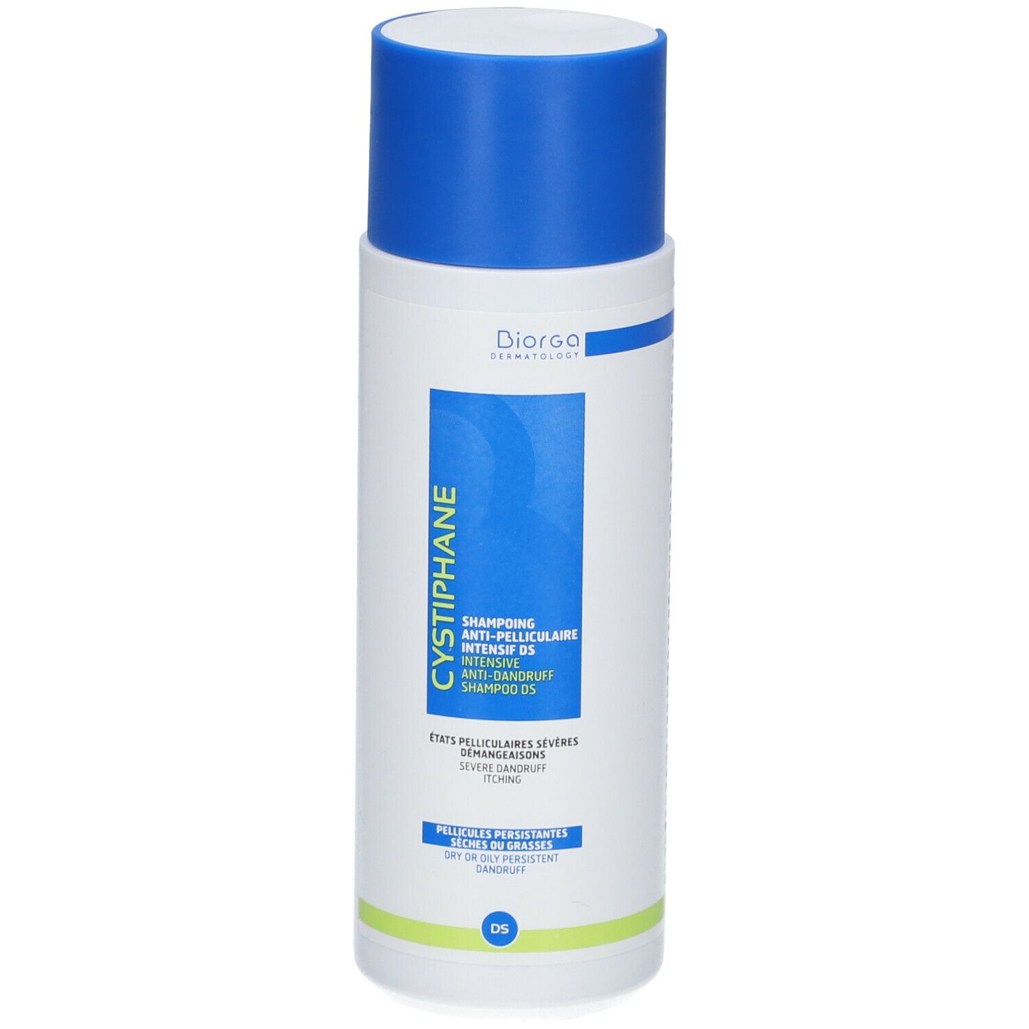 Flacone bianco-blu con tappo blu. Scritta: Cystiphane, Shampooing Anti-Pelliculaire Intensif D5.