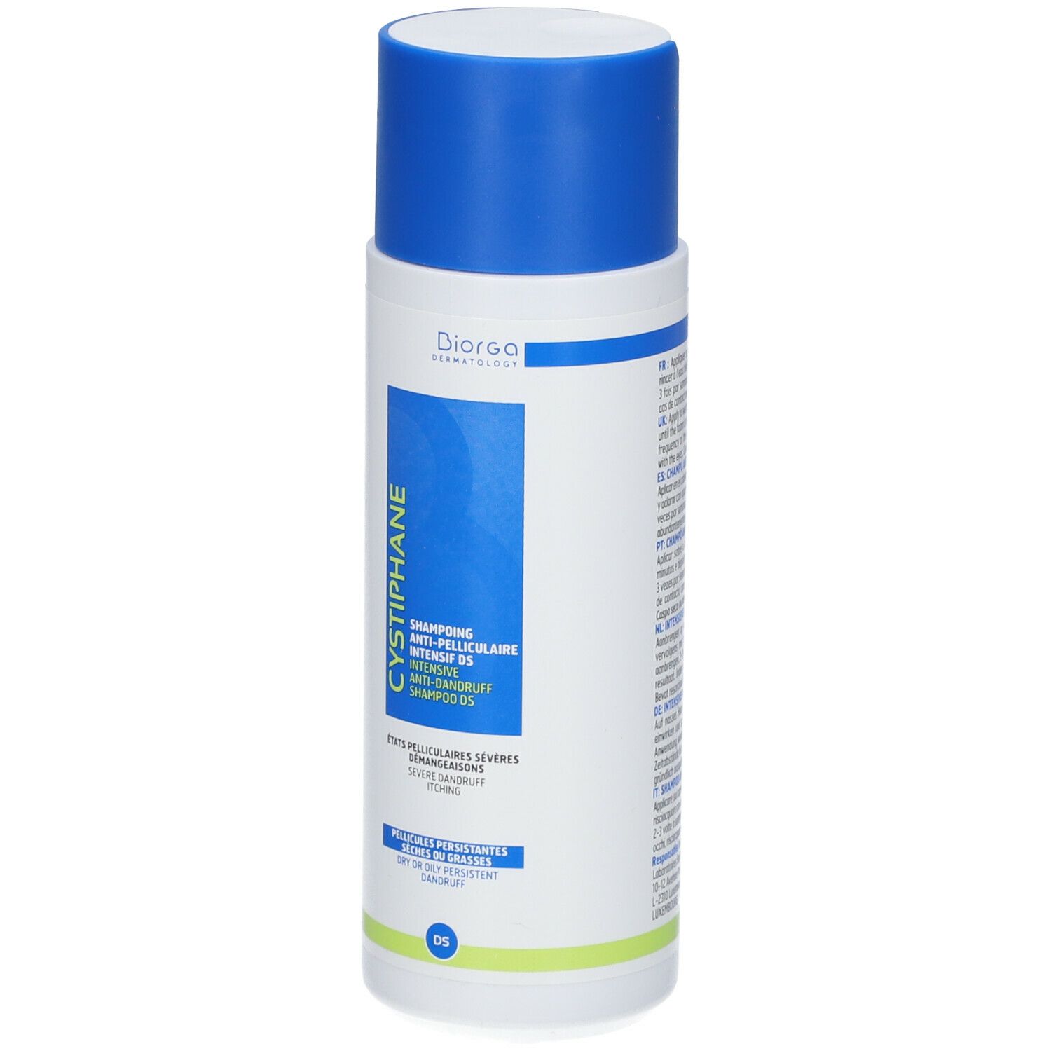Flacone bianco-blu con tappo blu. Scritta: Cystiphane, Shampooing Anti-Pelliculaire Intensif D5.