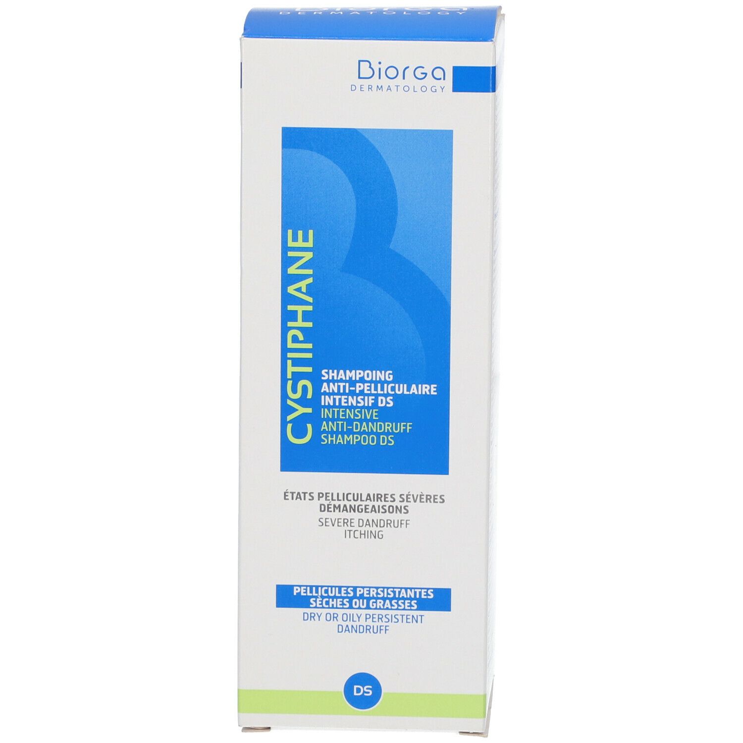 Confezione in cartone. Scritta: Cystiphane, Shampooing Anti-Pelliculaire Intensif D5. Sfondo blu.