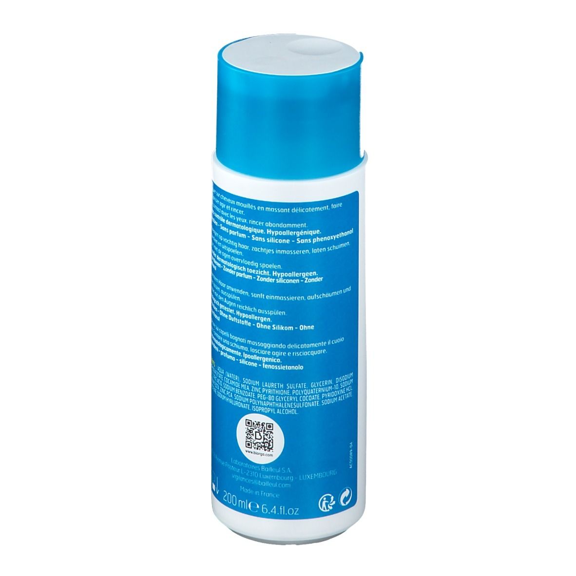Dos du flacon. Texte multilingue. Code QR. Volume: 200 ml.