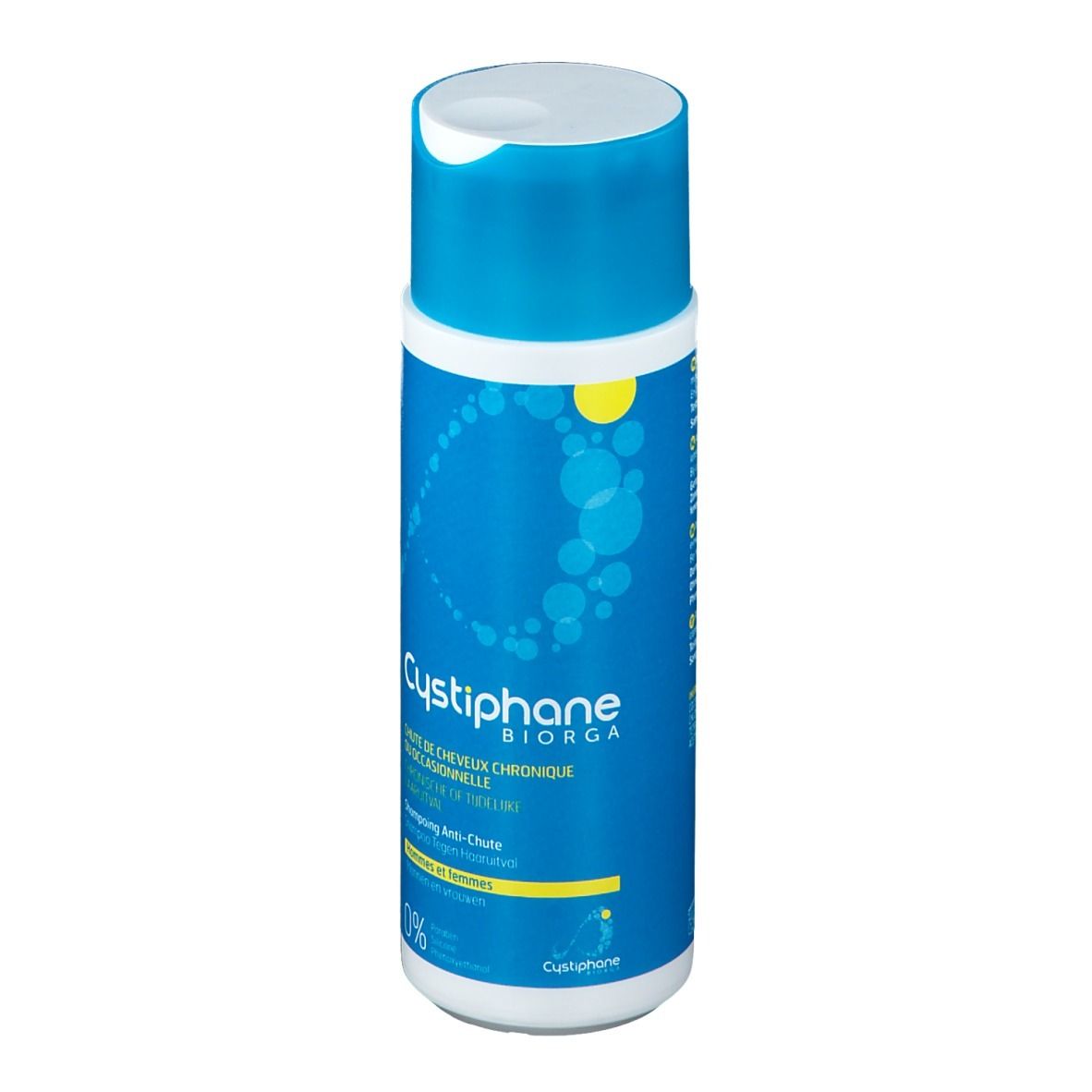 Flacon bleu et blanc avec bouchon bleu. Inscription: Cystiphane BIORGA, chute de cheveux. 0%.